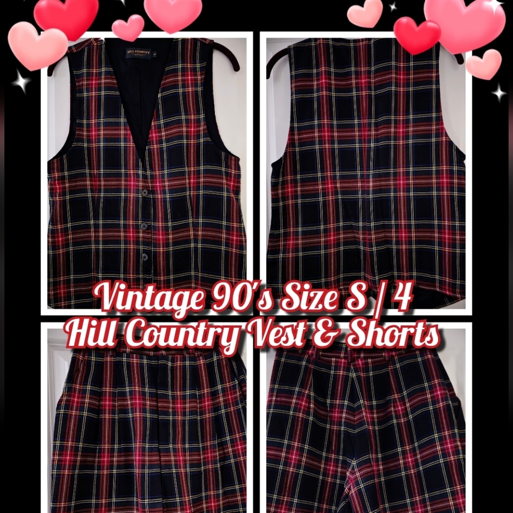📣 Vintage 90s 😍 Hill Country 2️⃣ Vest/Shorts Preppy Grundge Tartan SZ S/4